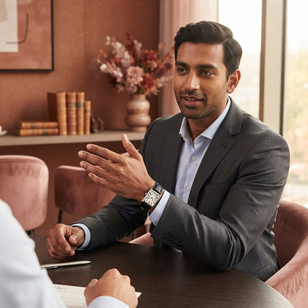 A South Asian man wearing a rectangular silver-tone Mark Regal watch with a black leather-style strap during a professional m